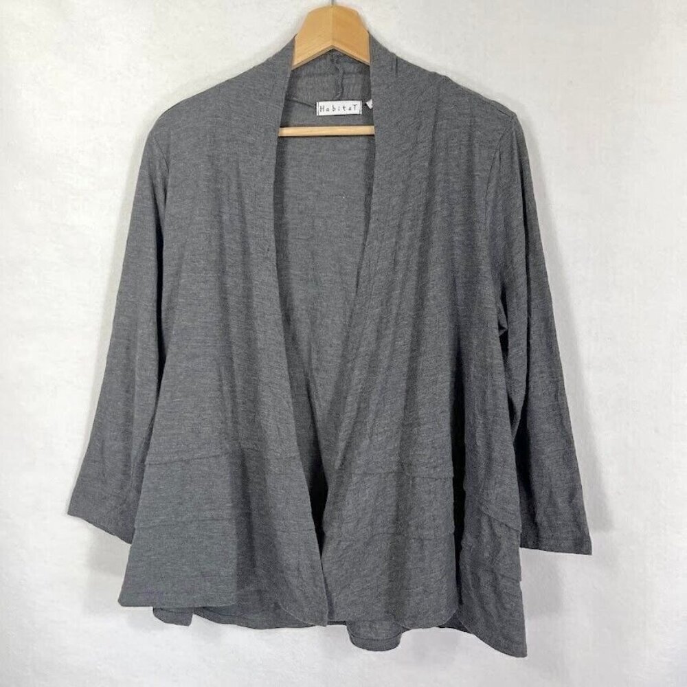Habitat Lightweight 3/4 Sleeve Open Front Tiered Cardigan Boho Artsy Gray M